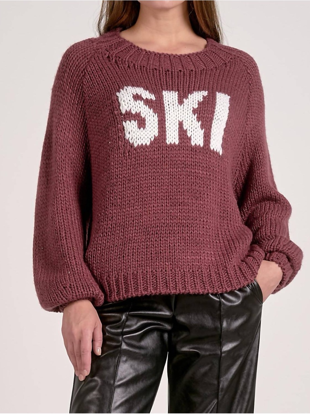Elan Burgundy Chunky Knit Turtleneck Sweater with White 'SKI' Lettering